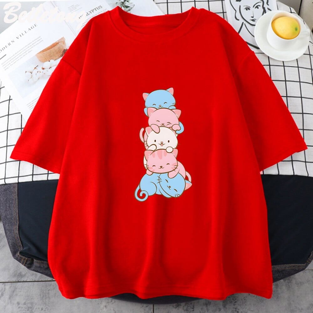 kawaiies-softtoys-plushies-kawaii-plush-Five Stacked Kawaii Cats Unisex Tee Apparel Red XS 