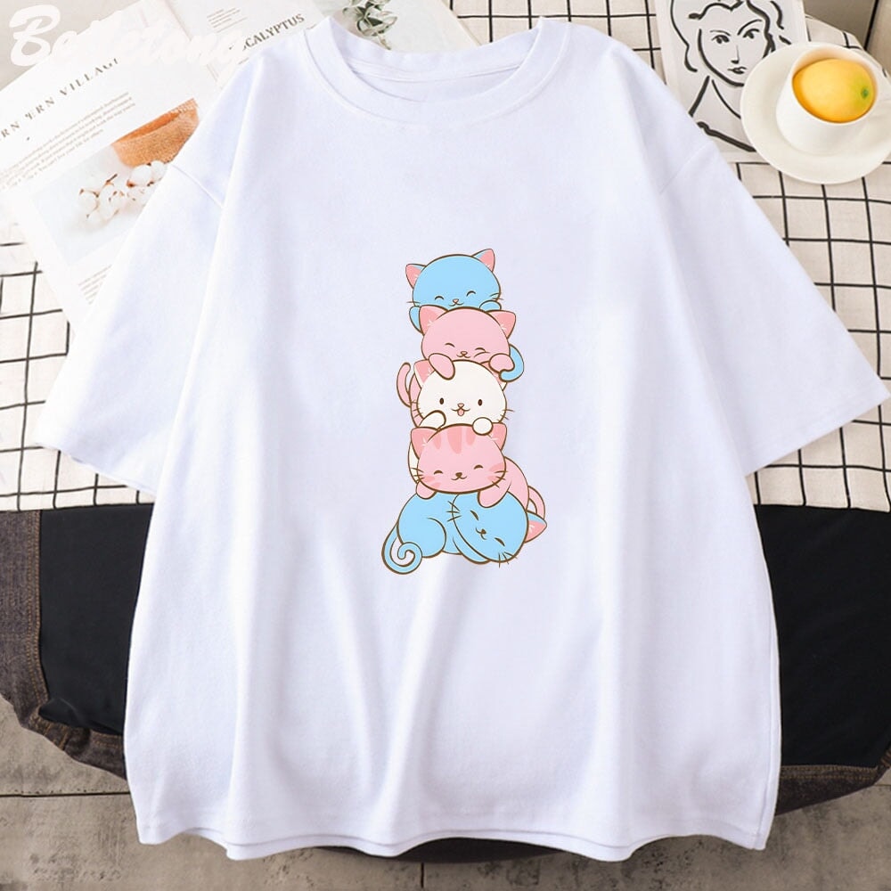 kawaiies-softtoys-plushies-kawaii-plush-Five Stacked Kawaii Cats Unisex Tee Apparel White XS 