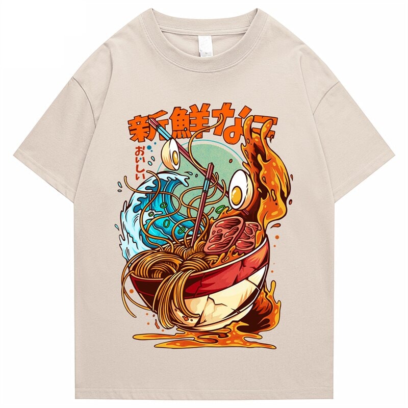 kawaiies-softtoys-plushies-kawaii-plush-Flaming Hot Wagyu Ramen Unisex Cotton Tee Apparel Cream S 