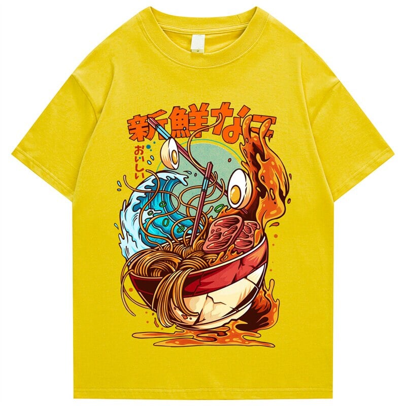 kawaiies-softtoys-plushies-kawaii-plush-Flaming Hot Wagyu Ramen Unisex Cotton Tee Apparel Yellow S 