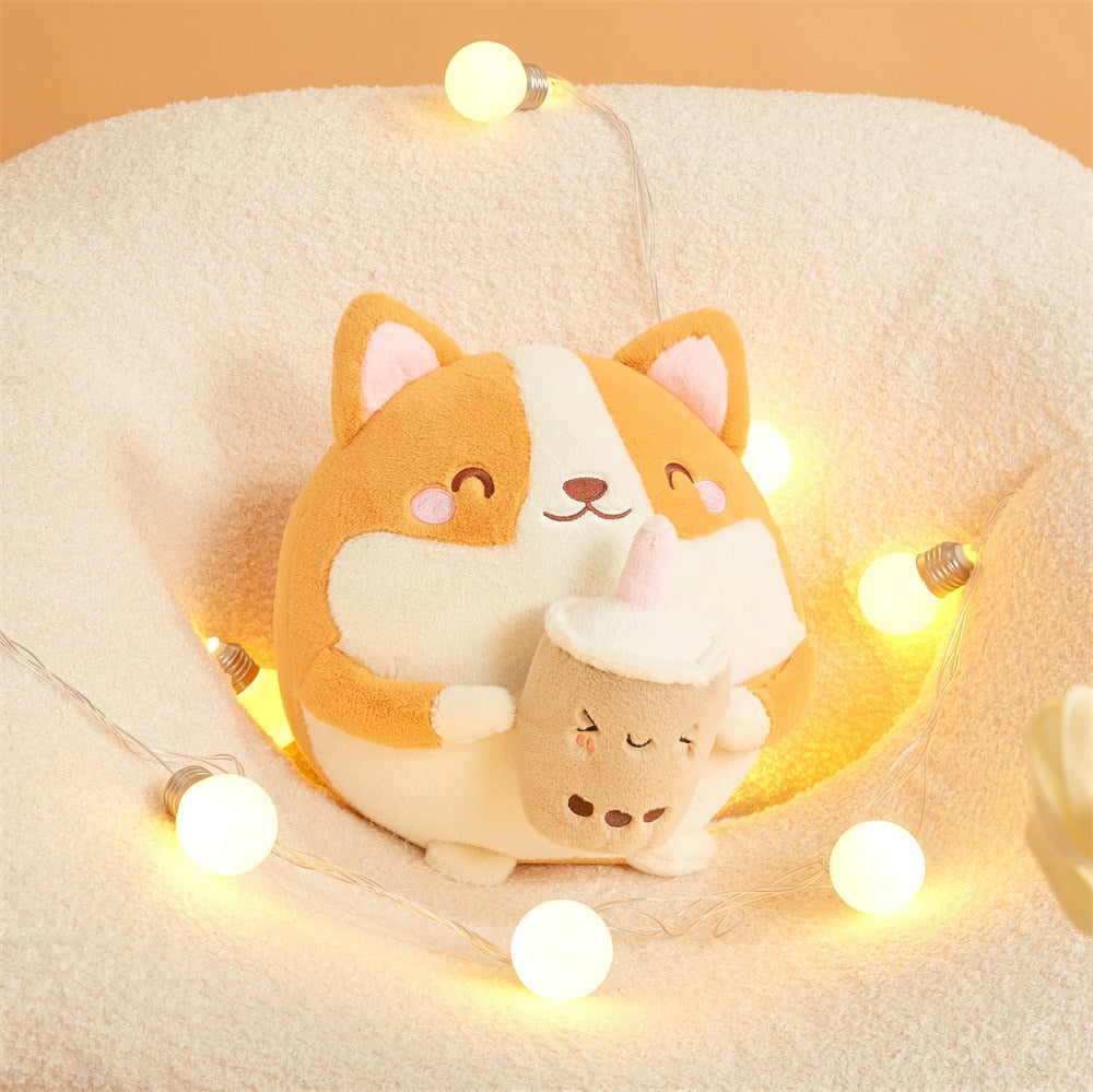 Fluffy Round Chubby Corgi Bubble Tea Plushie - Kawaiies - Adorable - Cute - Plushies - Plush - Kawaii