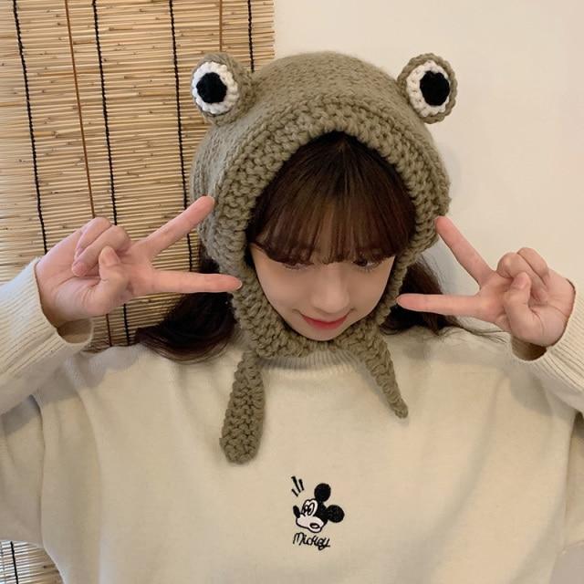 Frog Pom Pom Knit Beanie Hat - Kawaiies - Adorable - Cute - Plushies - Plush - Kawaii