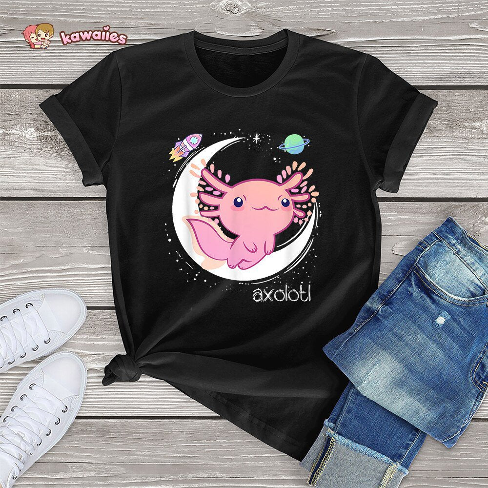 kawaiies-softtoys-plushies-kawaii-plush-Galaxy Axolotl Landing on the Moon Cotton Tee Apparel Black XS 