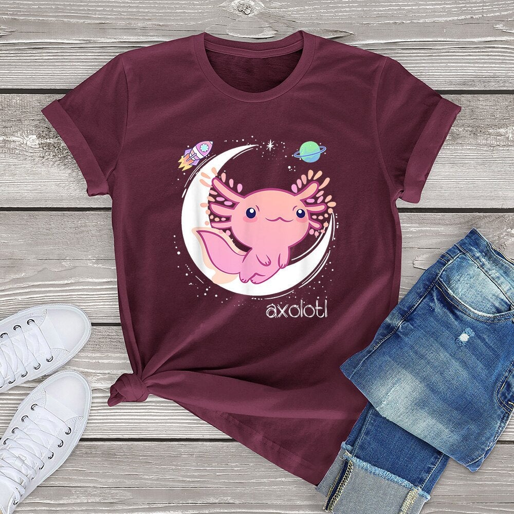 kawaiies-softtoys-plushies-kawaii-plush-Galaxy Axolotl Landing on the Moon Cotton Tee Apparel Burgundy XS 