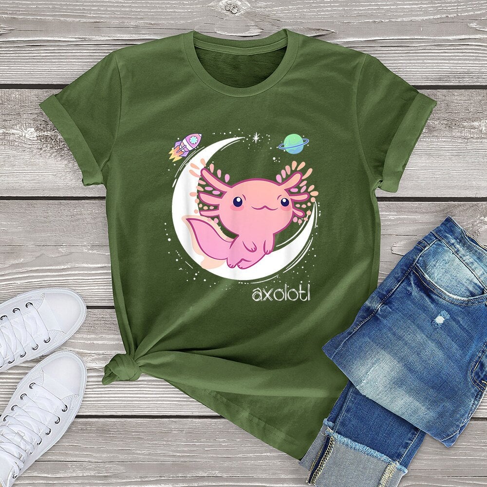 kawaiies-softtoys-plushies-kawaii-plush-Galaxy Axolotl Landing on the Moon Cotton Tee Apparel Green XS 