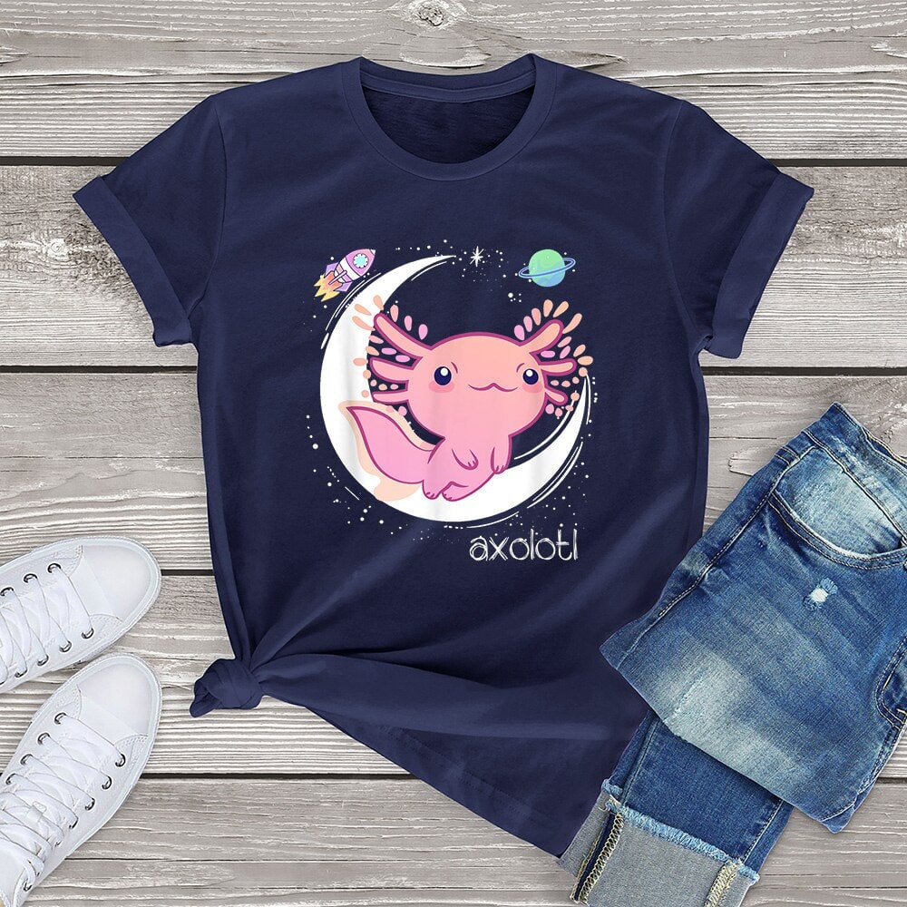 kawaiies-softtoys-plushies-kawaii-plush-Galaxy Axolotl Landing on the Moon Cotton Tee Apparel Navy XS 