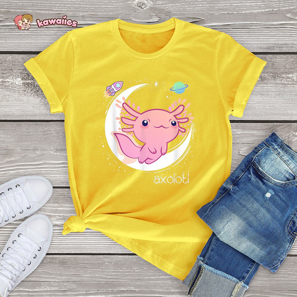 kawaiies-softtoys-plushies-kawaii-plush-Galaxy Axolotl Landing on the Moon Cotton Tee Apparel Yellow XS 