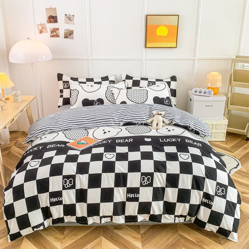 Gray Bear Checkered Bedding Set - Kawaiies - Adorable - Cute - Plushies - Plush - Kawaii