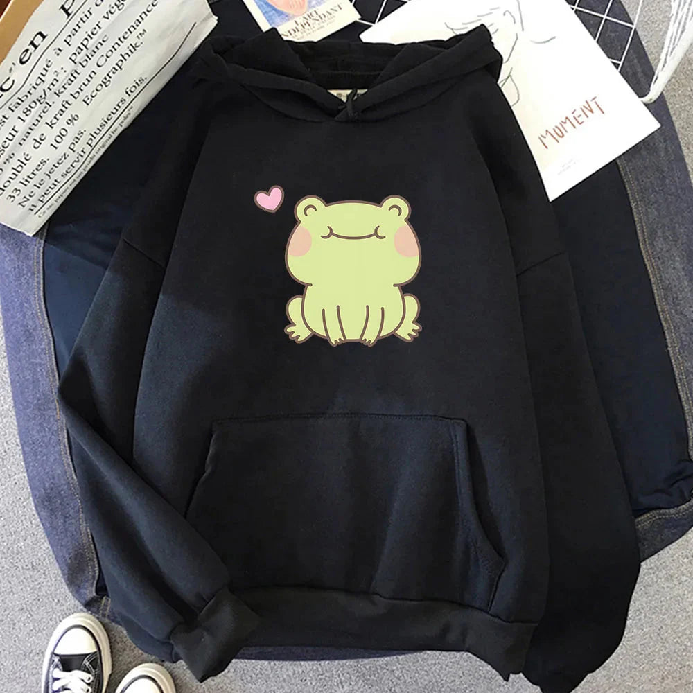 kawaiies-softtoys-plushies-kawaii-plush-Happy Green Blushing Frog Unisex Hoodie Apparel Black XS 