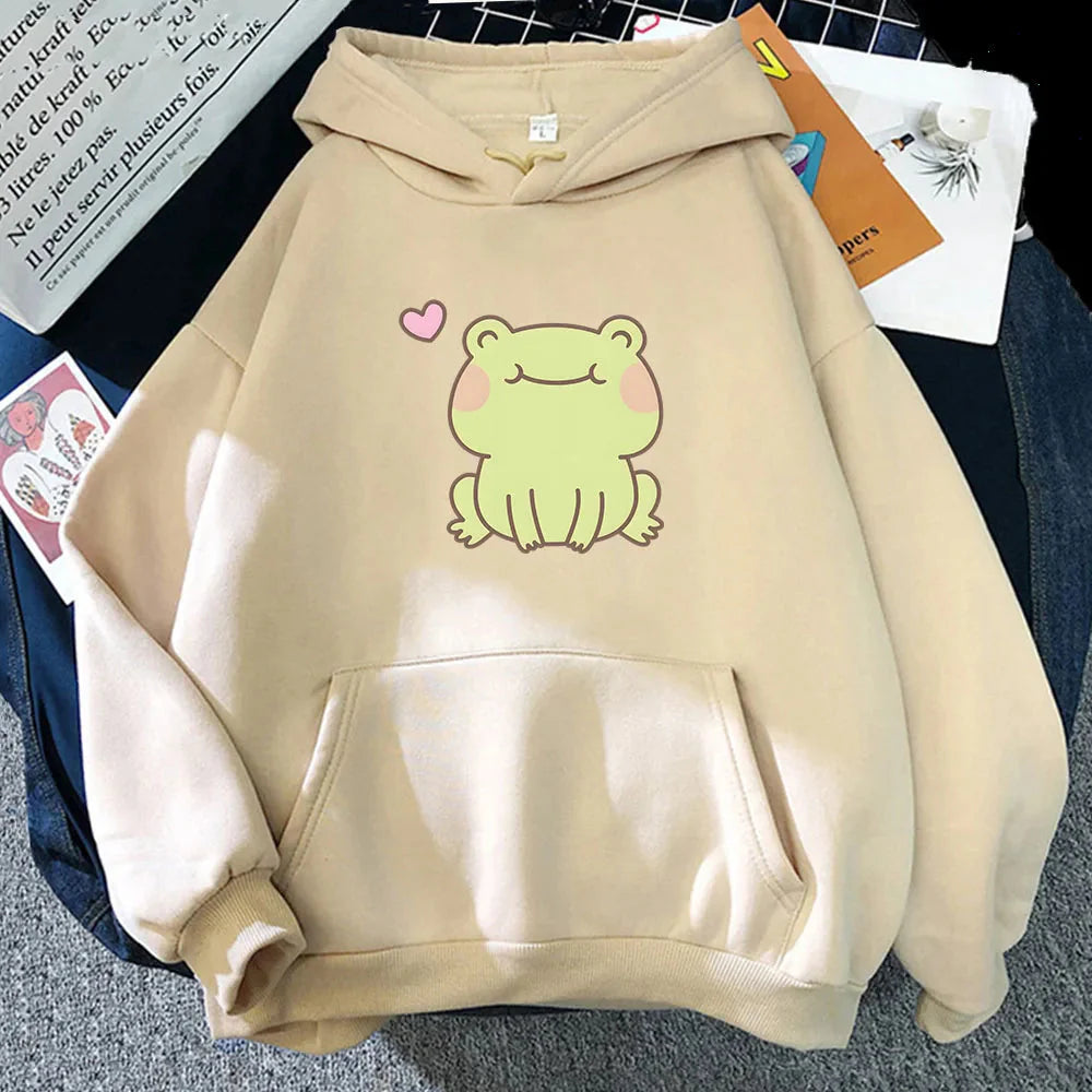 kawaiies-softtoys-plushies-kawaii-plush-Happy Green Blushing Frog Unisex Hoodie Apparel Khaki XS 