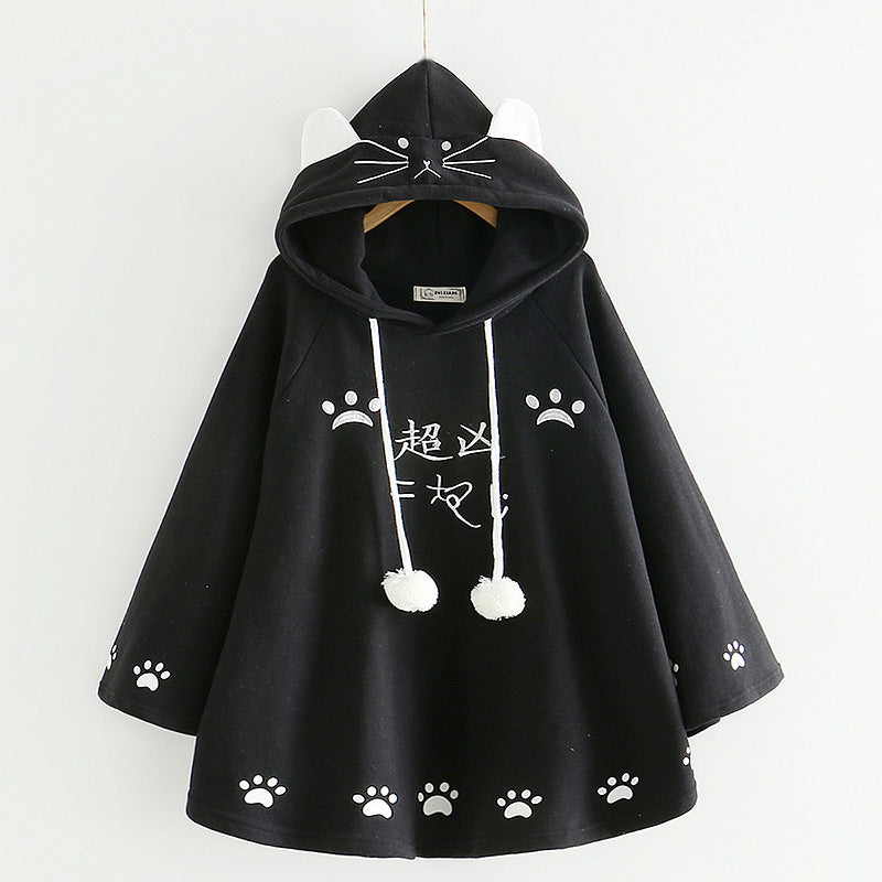 Harajuku Black Gray White Cat Hooded Cloak Coat - Kawaiies - Adorable - Cute - Plushies - Plush - Kawaii