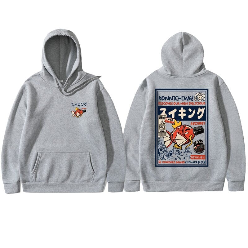 kawaiies-softtoys-plushies-kawaii-plush-Harajuku Japanese Fish Konnichiwa Poster Unisex Hoodie | NEW Apparel Gray S 