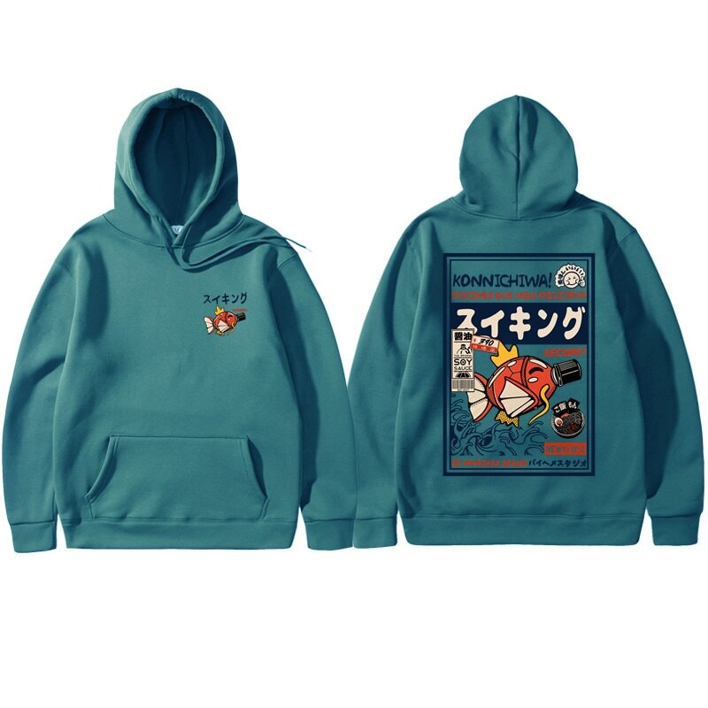 kawaiies-softtoys-plushies-kawaii-plush-Harajuku Japanese Fish Konnichiwa Poster Unisex Hoodie | NEW Apparel Green S 