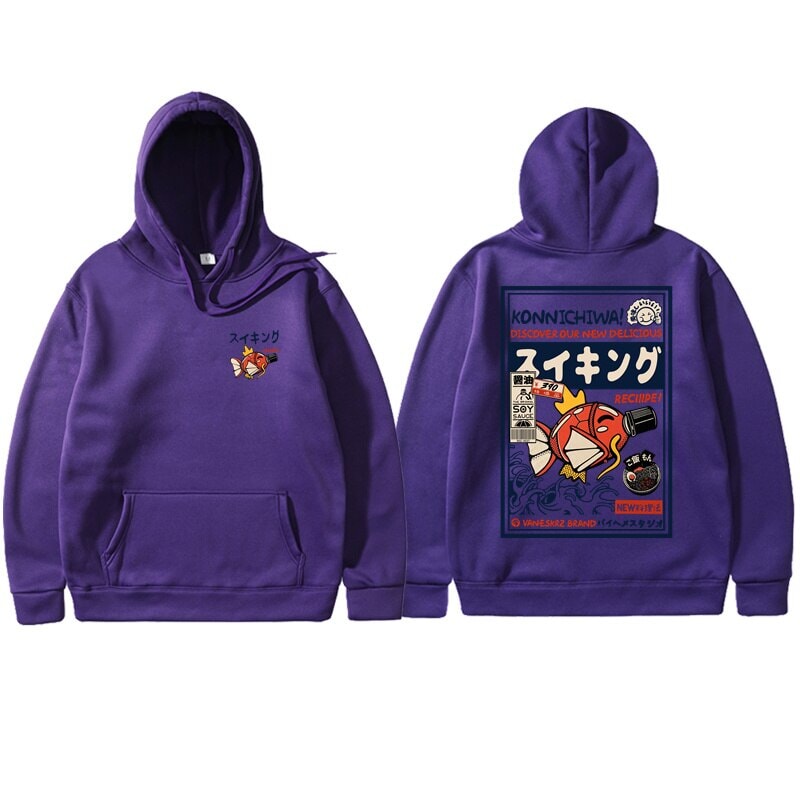 kawaiies-softtoys-plushies-kawaii-plush-Harajuku Japanese Fish Konnichiwa Poster Unisex Hoodie | NEW Apparel Purple S 