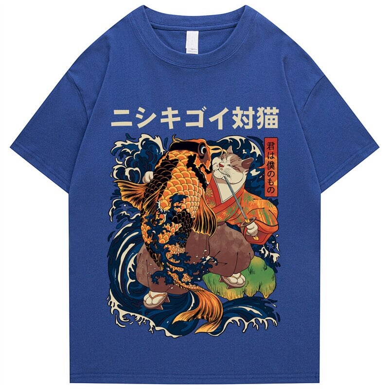 kawaiies-softtoys-plushies-kawaii-plush-Harajuku Samurai Cat Koi Fish Unisex Tee | NEW Tops Blue S 