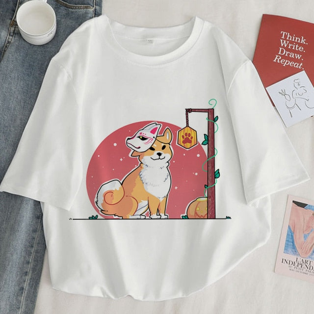 Harajuku Shiba Inu Fox Mask Women's Tee Tops - Kawaiies - Adorable - Cute - Plushies - Plush - Kawaii