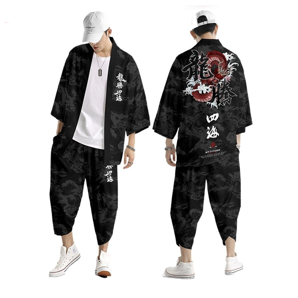 Japanese Black White Mountains Dragon Mens Two-Piece Kimono Yukata Top & Pants Sets - Kawaiies - Adorable - Cute - Plushies - Plush - Kawaii