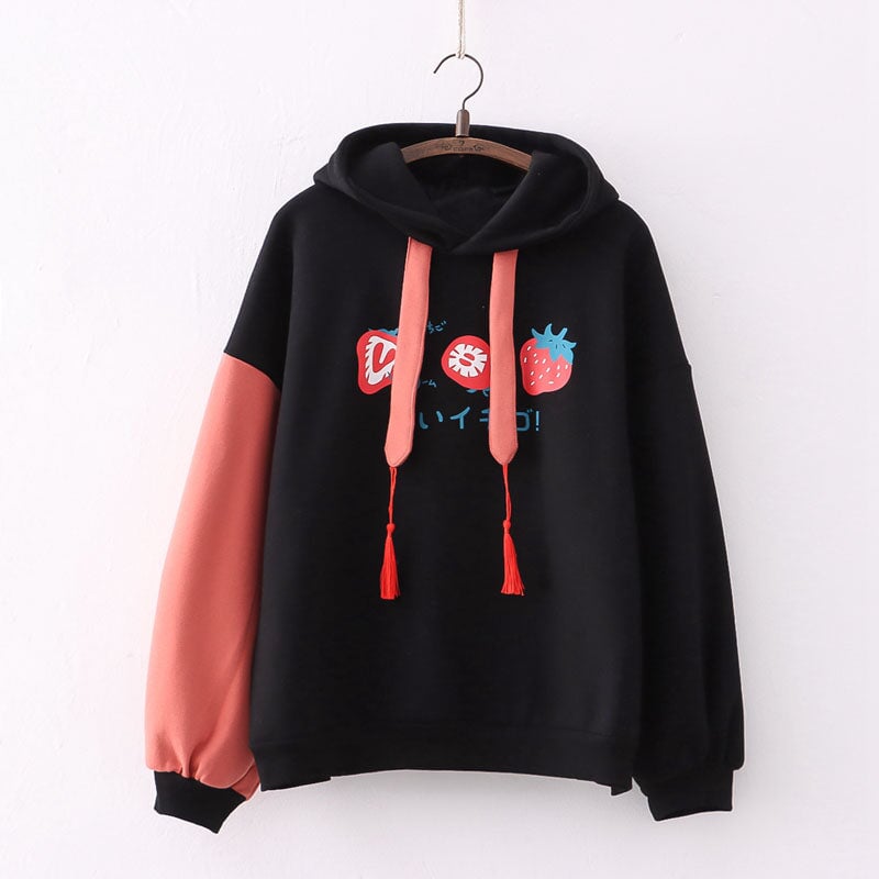 kawaiies-softtoys-plushies-kawaii-plush-Japanese Kanji Strawberry Print White Black Unisex Hoodies | NEW Hoodies Black 