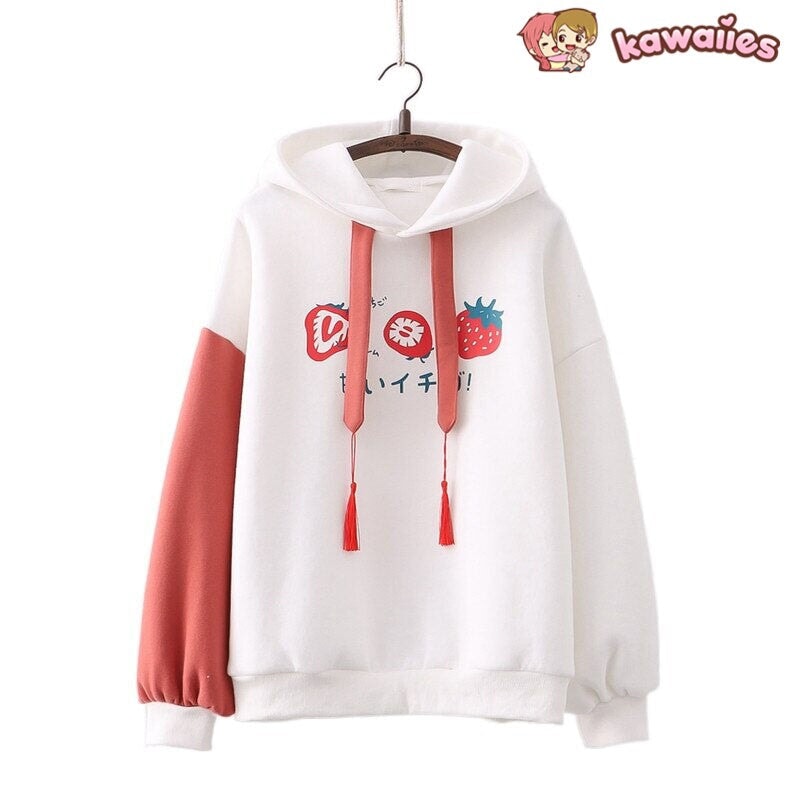 kawaiies-softtoys-plushies-kawaii-plush-Japanese Kanji Strawberry Print White Black Unisex Hoodies | NEW Hoodies White 