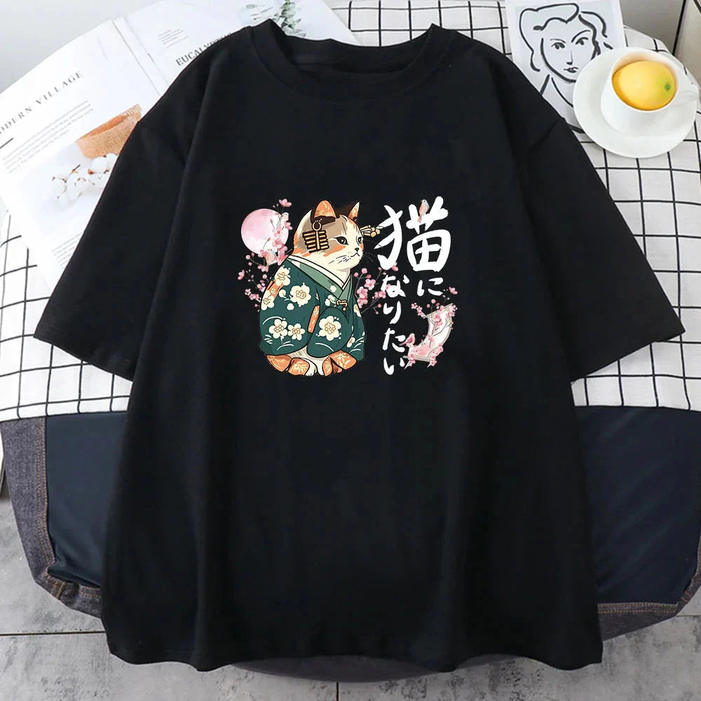 kawaiies-softtoys-plushies-kawaii-plush-Japanese Kimono Cat Sakura Kanji Unisex Tee Tops Black XS 