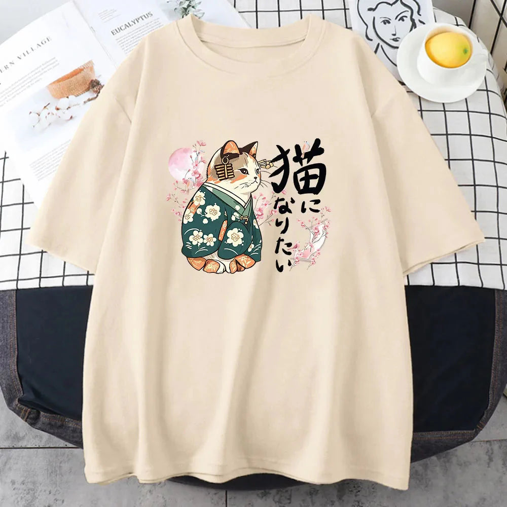 kawaiies-softtoys-plushies-kawaii-plush-Japanese Kimono Cat Sakura Kanji Unisex Tee Tops Cream XS 