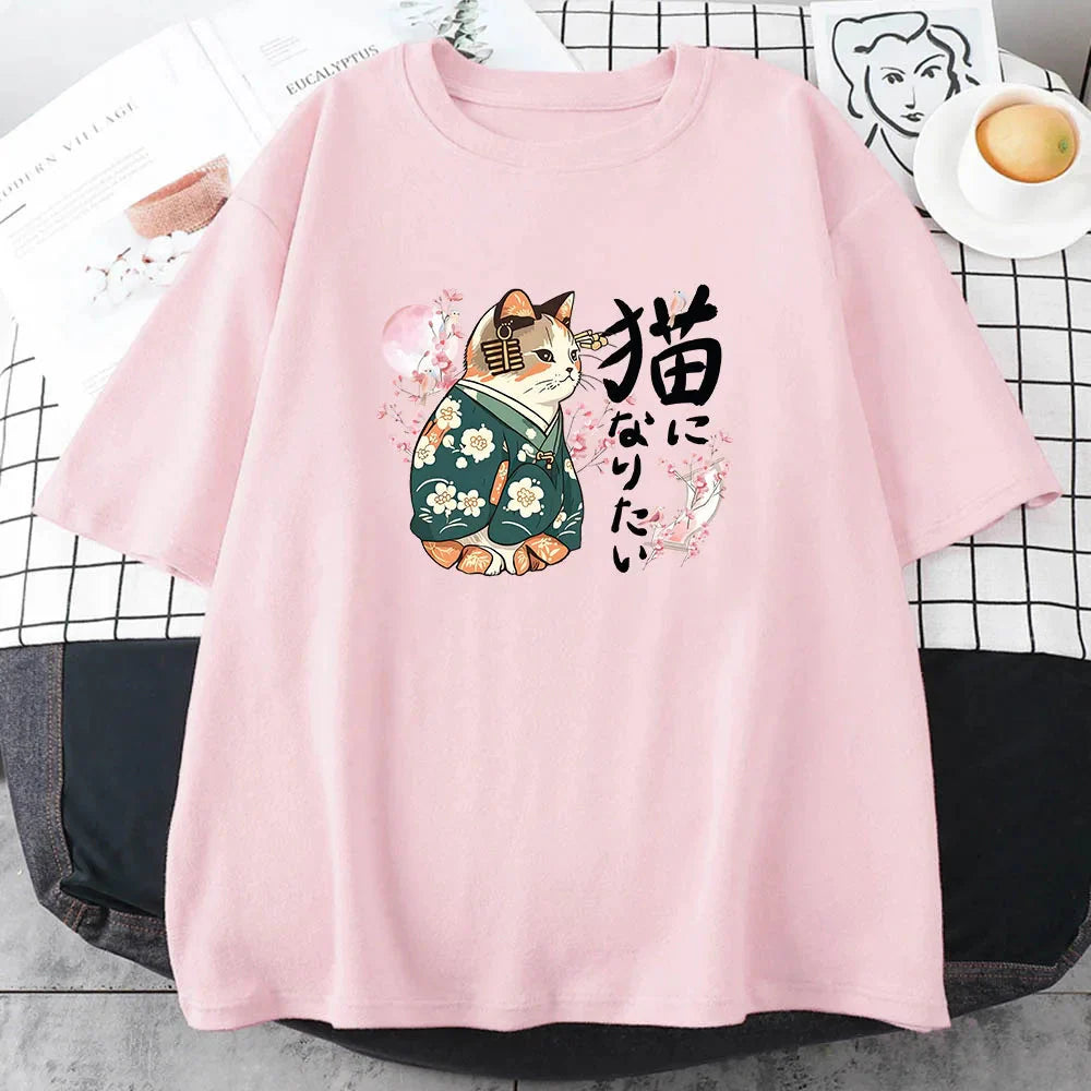 kawaiies-softtoys-plushies-kawaii-plush-Japanese Kimono Cat Sakura Kanji Unisex Tee Tops Pink XS 