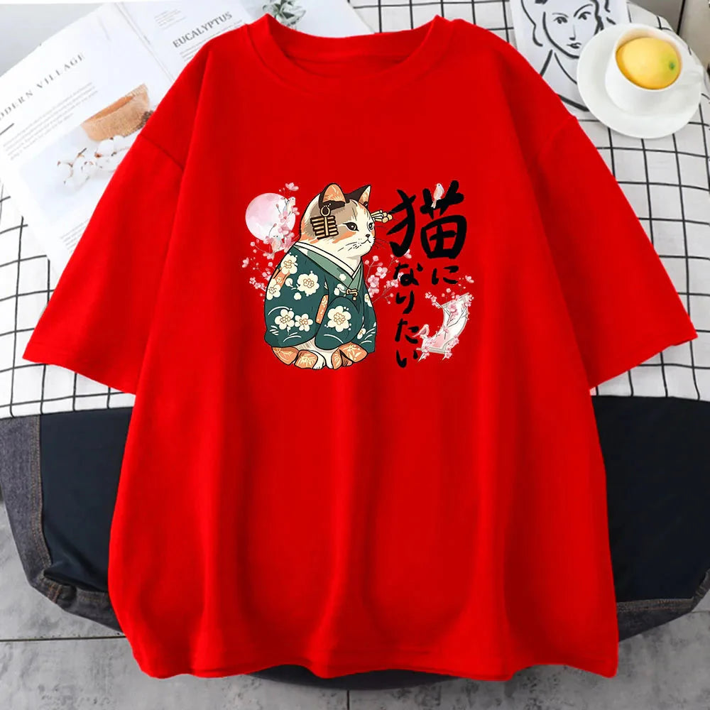 kawaiies-softtoys-plushies-kawaii-plush-Japanese Kimono Cat Sakura Kanji Unisex Tee Tops Red XS 