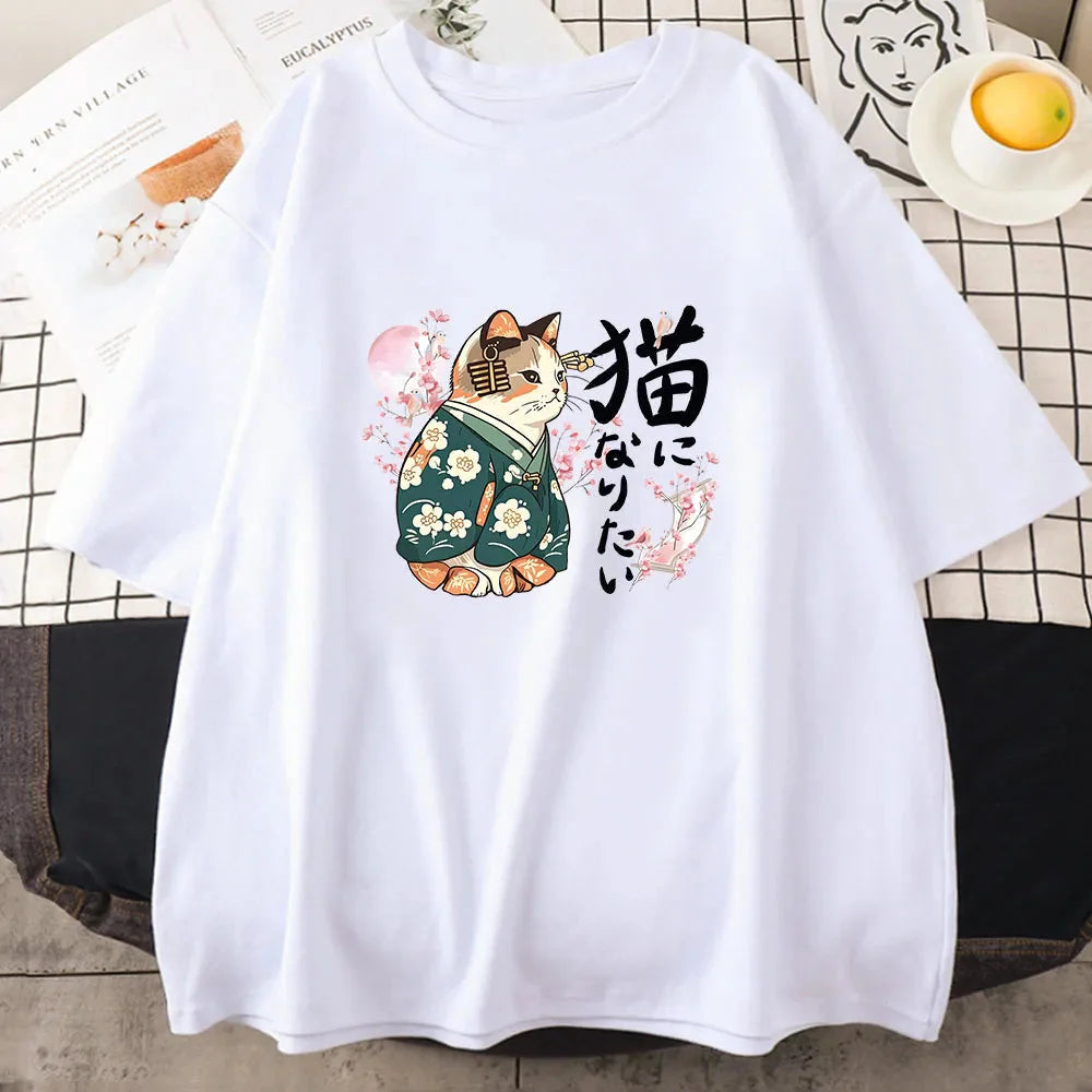 kawaiies-softtoys-plushies-kawaii-plush-Japanese Kimono Cat Sakura Kanji Unisex Tee Tops White XS 