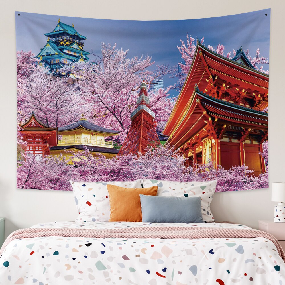 Japanese Sakura Pagoda Osaka Castle Tapestry - Kawaiies - Adorable - Cute - Plushies - Plush - Kawaii