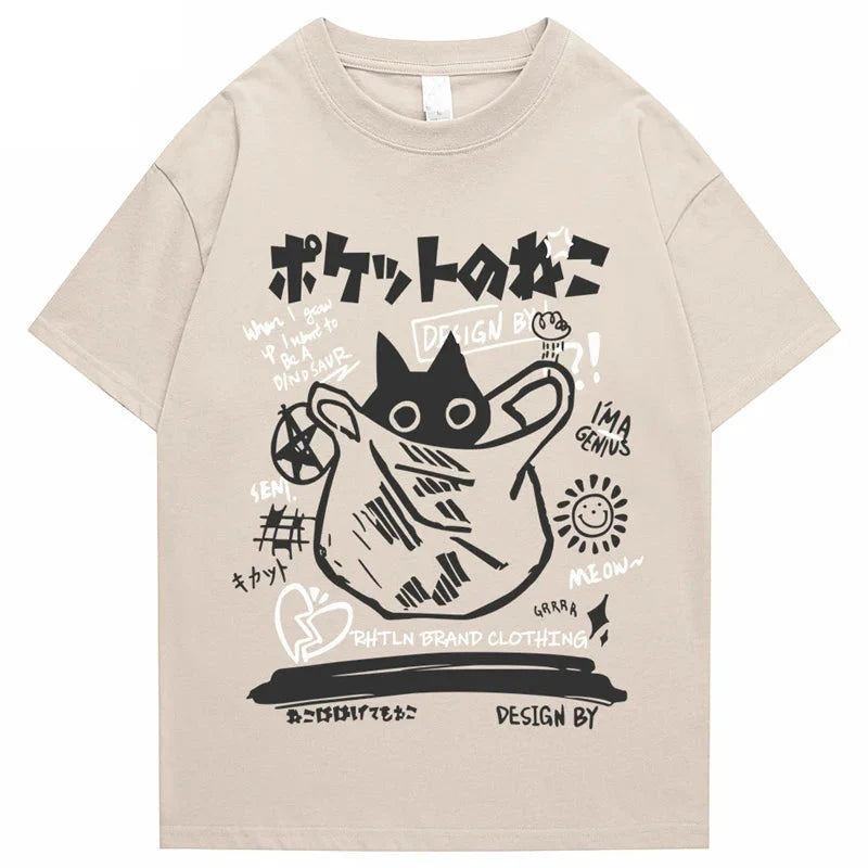 kawaiies-softtoys-plushies-kawaii-plush-Japanese-theme Black Cat in a Bag Unisex Tee Apparel Cream S 