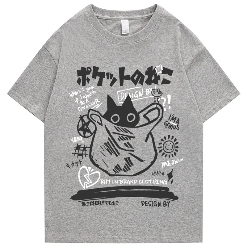 kawaiies-softtoys-plushies-kawaii-plush-Japanese-theme Black Cat in a Bag Unisex Tee Apparel Gray S 