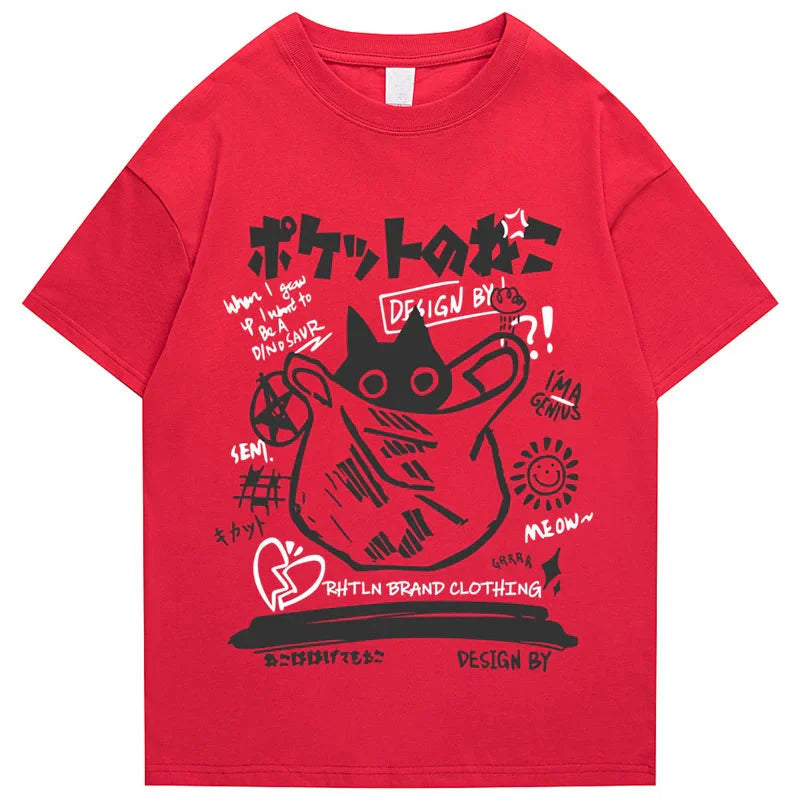 kawaiies-softtoys-plushies-kawaii-plush-Japanese-theme Black Cat in a Bag Unisex Tee Apparel Red S 