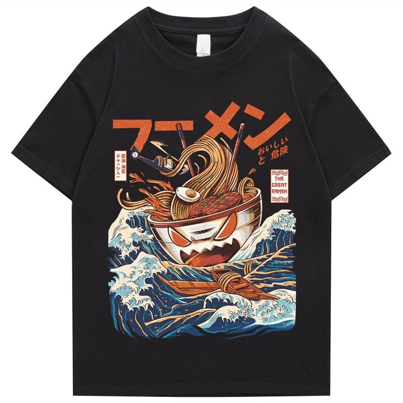 kawaiies-softtoys-plushies-kawaii-plush-Japanese-theme Flaming Hot Noodles Great Waves Unisex Tee Apparel Black S 