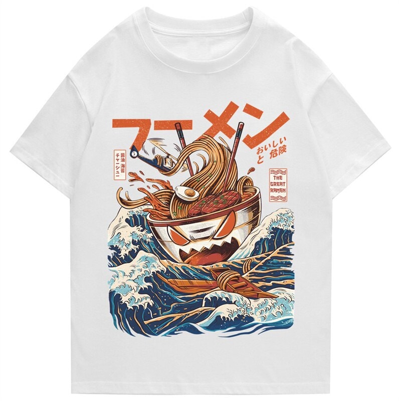 kawaiies-softtoys-plushies-kawaii-plush-Japanese-theme Flaming Hot Noodles Great Waves Unisex Tee Apparel White S 