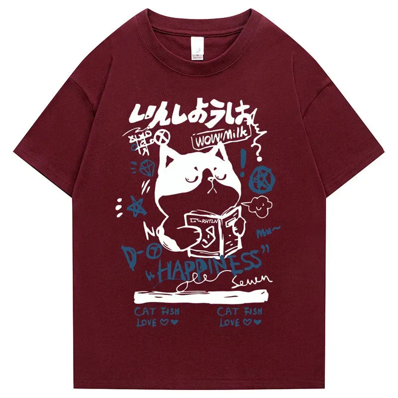 kawaiies-softtoys-plushies-kawaii-plush-Japanese-themed Cat Finding Happiness Unisex Tee Apparel Burgundy XS 