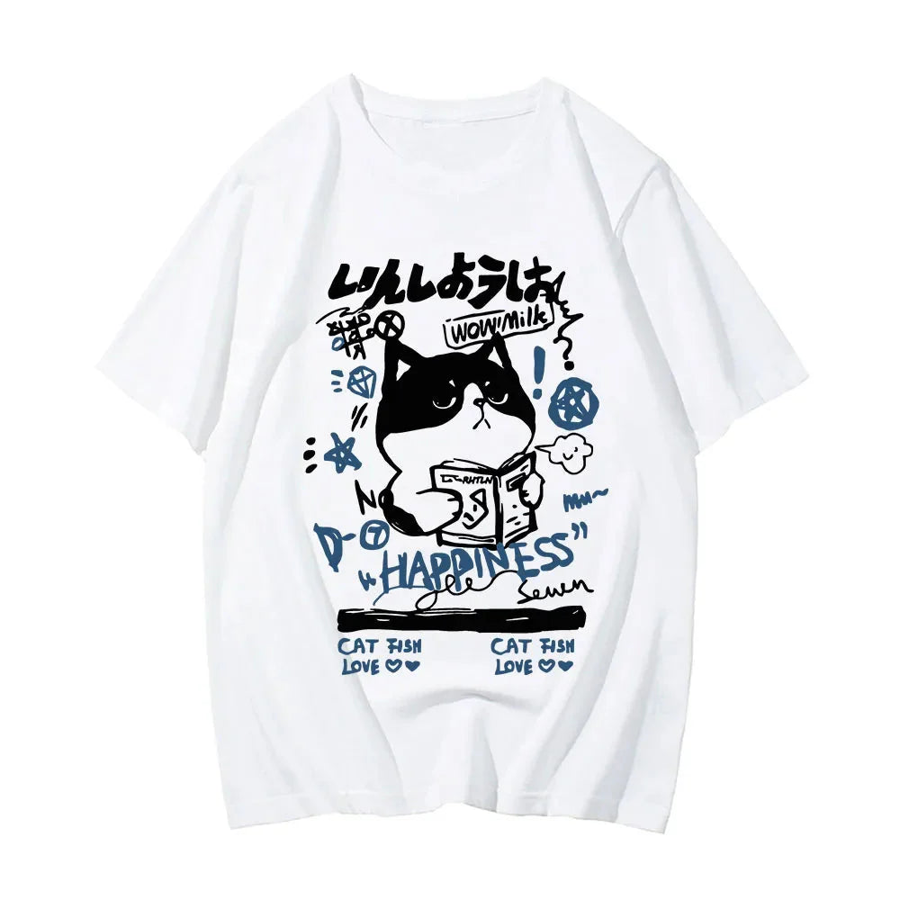 kawaiies-softtoys-plushies-kawaii-plush-Japanese-themed Cat Finding Happiness Unisex Tee Apparel White XS 