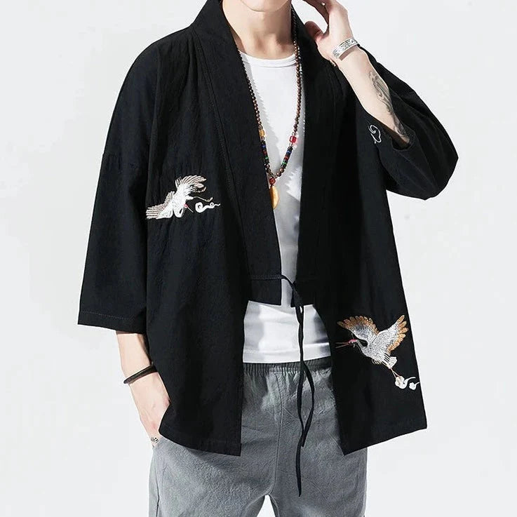 kawaiies-softtoys-plushies-kawaii-plush-Japanese-themed Crane Cloud Minimal Men's Yukata Kimono Jacket Kimono Black M 