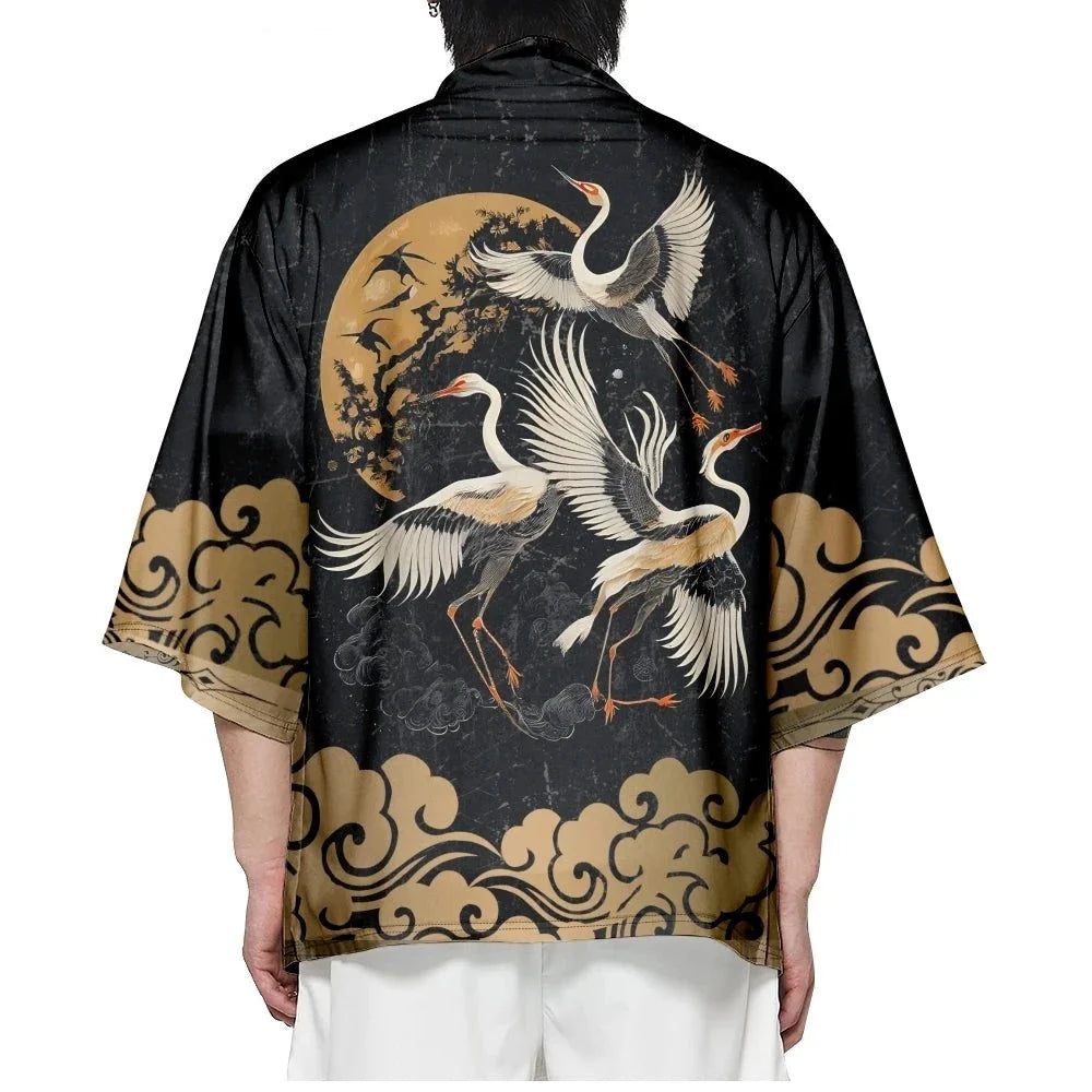 kawaiies-softtoys-plushies-kawaii-plush-Japanese-themed Crane Print Black Gold Unisex Kimono Apparel S 