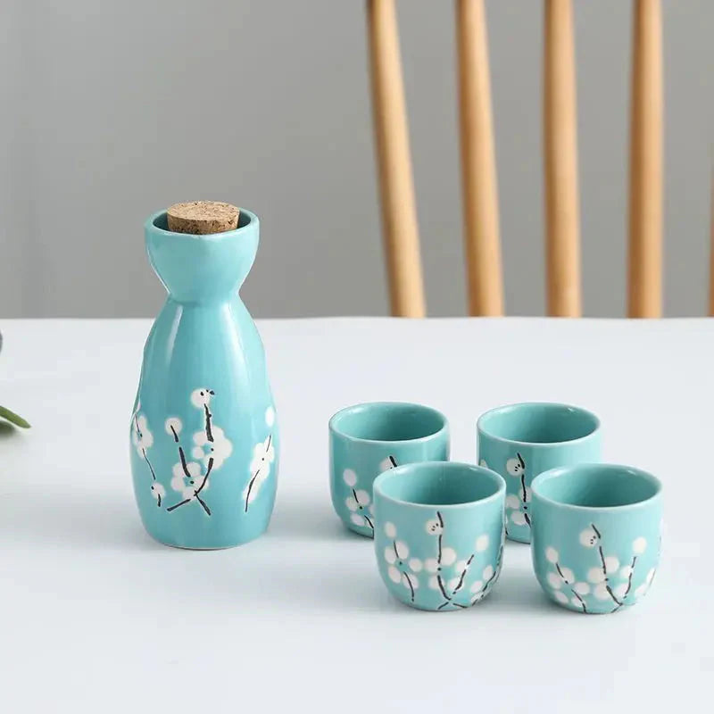 kawaiies-softtoys-plushies-kawaii-plush-Japanese-themed Elegant Plum Blossom Sake Set 5-Piece Ceramics Sake Cup Collection 2 Home Decor Blue 