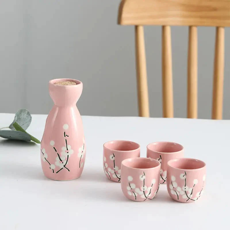 kawaiies-softtoys-plushies-kawaii-plush-Japanese-themed Elegant Plum Blossom Sake Set 5-Piece Ceramics Sake Cup Home Decor Light Pink 