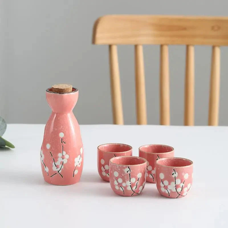 kawaiies-softtoys-plushies-kawaii-plush-Japanese-themed Elegant Plum Blossom Sake Set 5-Piece Ceramics Sake Cup Home Decor Rose 