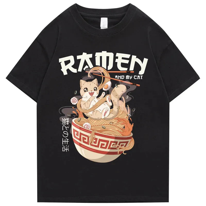 kawaiies-softtoys-plushies-kawaii-plush-Japanese-themed Ramen & Kawaii Cat Unisex Tee Apparel Black S 