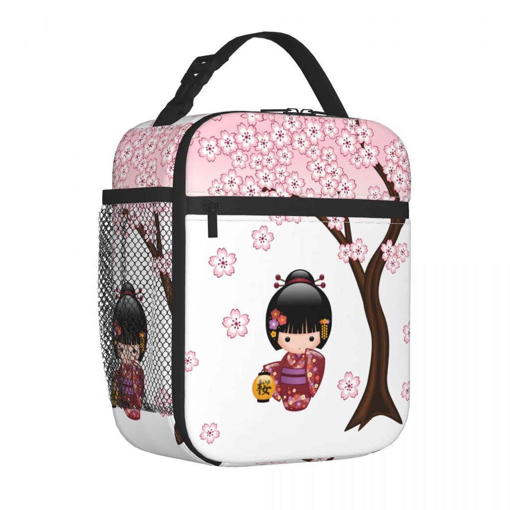 kawaiies-softtoys-plushies-kawaii-plush-Japanese-themed Sakura Blossom Tree Keiko Kokeshi Doll Square Lunch Bag Bag 