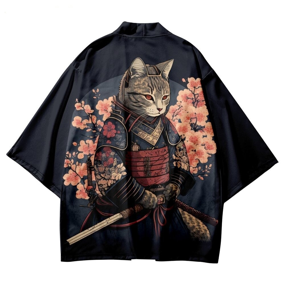 kawaiies-softtoys-plushies-kawaii-plush-Japanese-themed Sakura Samurai Cat Print Unisex Kimono | NEW Apparel 