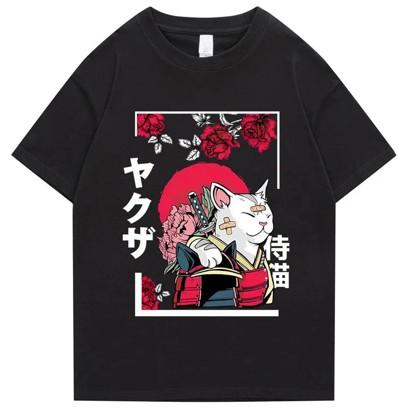 kawaiies-softtoys-plushies-kawaii-plush-Japanese-themed Samurai Cat Rose Kanji Unisex Tee Apparel Black XS 