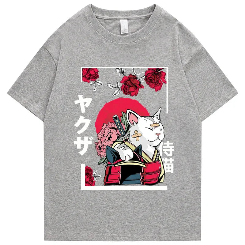 kawaiies-softtoys-plushies-kawaii-plush-Japanese-themed Samurai Cat Rose Kanji Unisex Tee Apparel Gray XS 