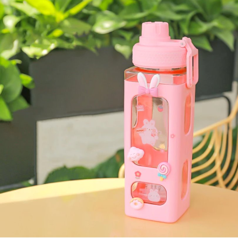 Kawaii Bear White Pink Rectangle Plastic Bottle With 3D Sticker - Kawaiies - Adorable - Cute - Plushies - Plush - Kawaii