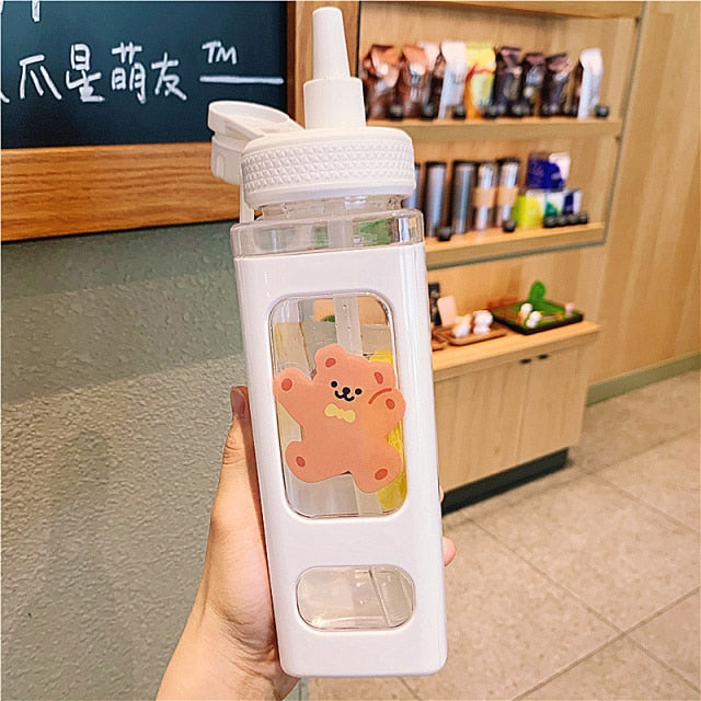 Kawaii Bear White Pink Rectangle Plastic Bottle With 3D Sticker - Kawaiies - Adorable - Cute - Plushies - Plush - Kawaii