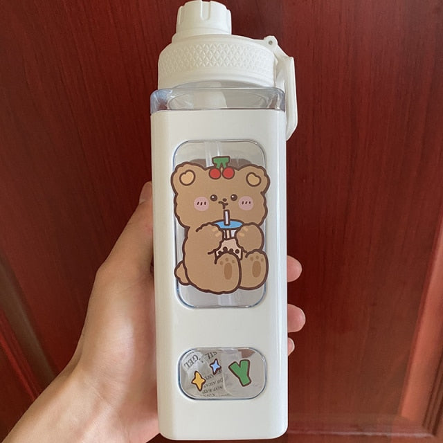 Kawaii Bear White Pink Rectangle Plastic Bottle With 3D Sticker - Kawaiies - Adorable - Cute - Plushies - Plush - Kawaii