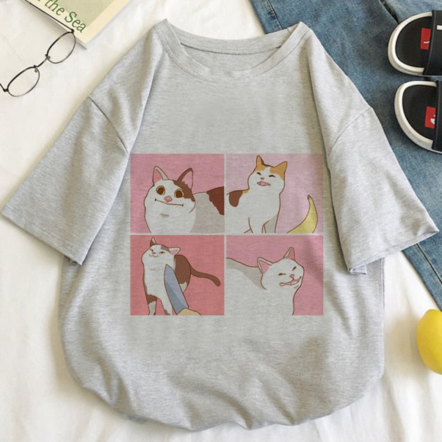 Kawaii Cartoon Cats Meme Women's Tee Tops - Kawaiies - Adorable - Cute - Plushies - Plush - Kawaii